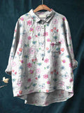 Watercolor Floral And Butterfly Pattern Printed Women’s Casual Cotton Linen Shirt Multicolor / S