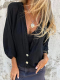 Women’s Spring And Summer Cotton And Linen V-Neck Casual Shirt Black / S