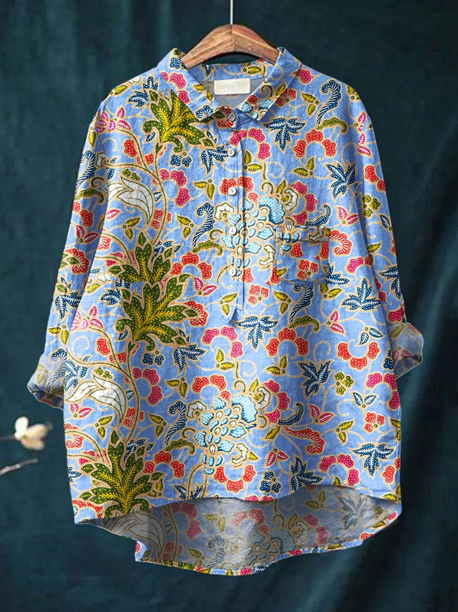 Women’s Floral Art Print Casual Cotton And Linen Shirt Multicolor / S