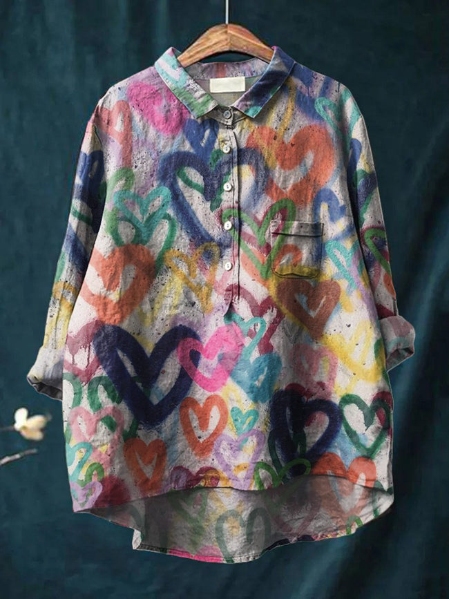 Women’s Graffiti Heart Print Casual Cotton And Linen Shirt Multicolor / S