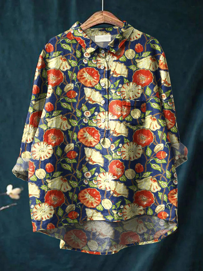 Women’s Floral Art Print Casual Cotton And Linen Shirt Multicolor / S