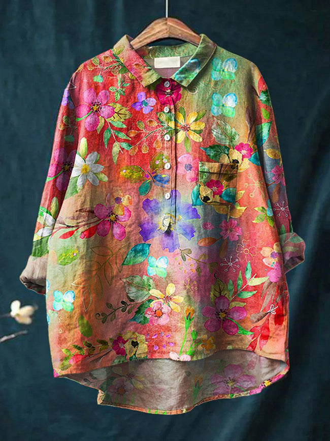 Women’s Floral Art Print Casual Cotton And Linen Shirt Multicolor / S