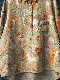 Women’s Vintage Lovely Woodland Animals Art Print Casual Cotton And Linen Shirt