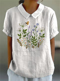 Embroidery Style Floral Bush Pattern Printed Women’s Casual Cotton And Linen Shirt White / S