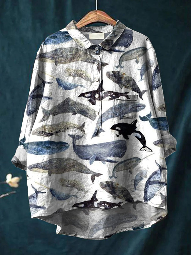 Women’s All Kinds Of Whales Print Casual Cotton And Linen Shirt Multicolor / S