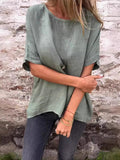 Spring And Summer Round Neck Mid Sleeve Cotton Linen Shirt For Women Green / S