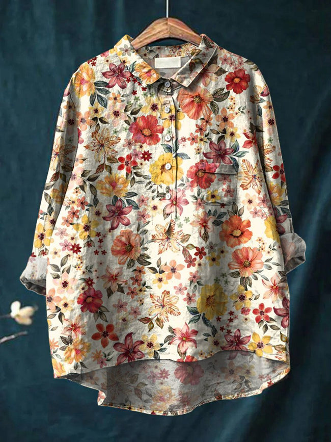 Women’s Small Red Flowers Print Casual Cotton And Linen Shirt Multicolor / S