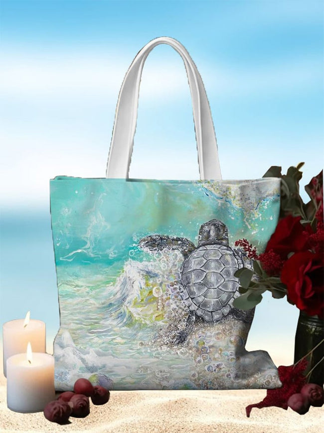 Wave Turtle Art Print Linen Tote Bag Multicolor / Onesize