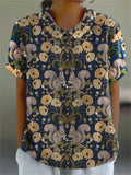 Women’s Vintage Lovely Squirrel Woodland Art Print Casual Cotton And Linen Shirt Navy / S