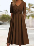 Short Sleeve Crossover Dress Brown / S