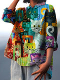 Women’s Retro Colorful Cat Illustration Print Casual Cotton And Linen Shirt