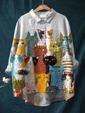 Women’s Cute Cat Print Casual Cotton And Linen Shirt Multicolor / S