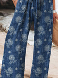 Women’s Vintage Ethnic Floral Art Printed Cotton And Linen Casual Pants