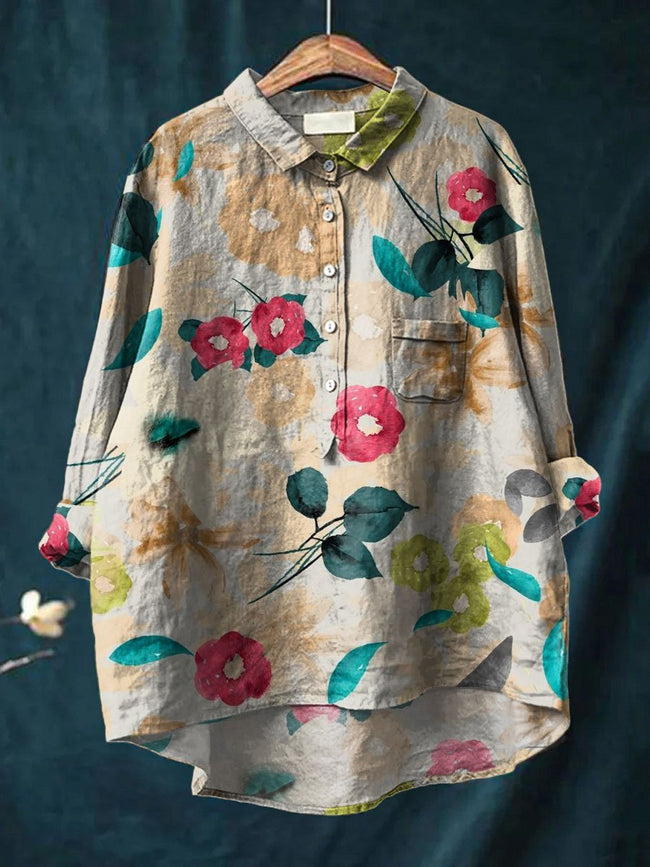 Women’s Flower Print Casual Cotton And Linen Shirt Multicolor / S