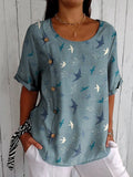 Lovely Swallow Pattern Printed Women’s Casual Cotton Shirt Blue / S