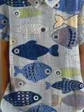 Women’s Vintage Lovely Fish Art Print Casual Cotton And Linen Shirt