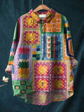 Women’s Vintage Ethnic Pattern Art Print Casual Cotton And Linen Shirt Multicolor / S