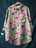 Women’s Retro Green Background Purple And Pink Floral Print Casual Cotton And Linen Shirt