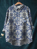 Women’s Watercolor Blue And White Porcelain Print Casual Cotton And Linen Shirt Multicolor / S