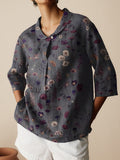 Women’s Floral Art Print Casual Linen Cotton 3/4 Sleeve Shirt Multicolor / S