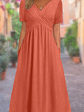 Women’s Half Sleeve V-Neck Solid Color Pockets Midi Dress Orange / S