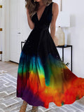 Women's Rainbow Ombre Print V Neck Maxi Dress