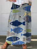 Women’s Vintage Lovely Fish Art Print Linen Pocket Skirt Multicolor / S