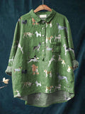 Vintage Lovely Dogs Art Print Casual Cotton And Linen Shirt Green / S