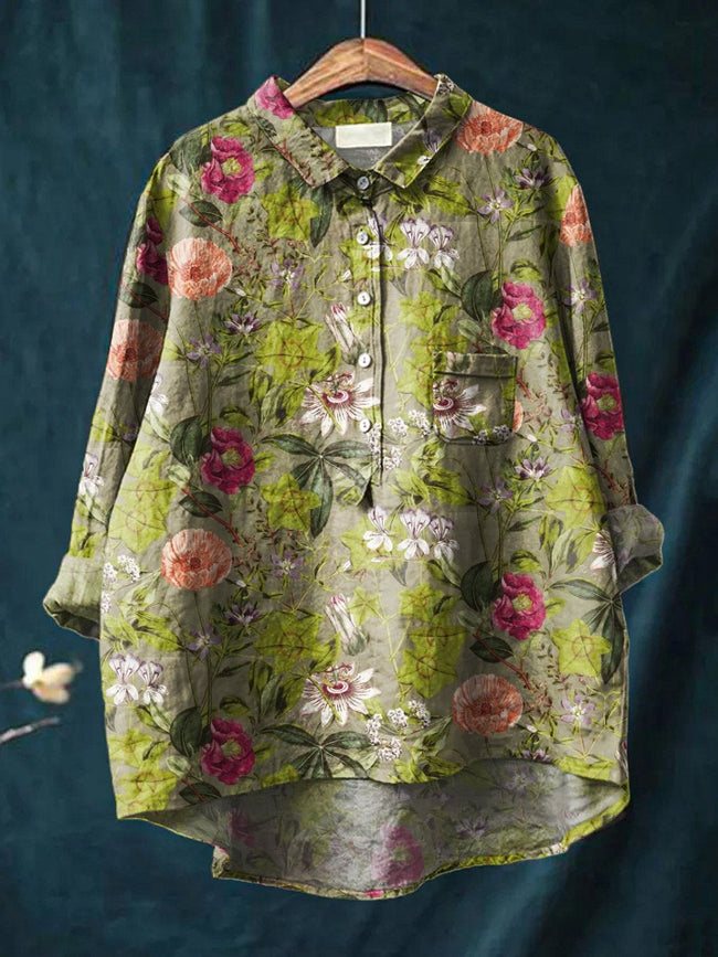 Women’s Floral Art Print Casual Cotton And Linen Shirt Multicolor / S