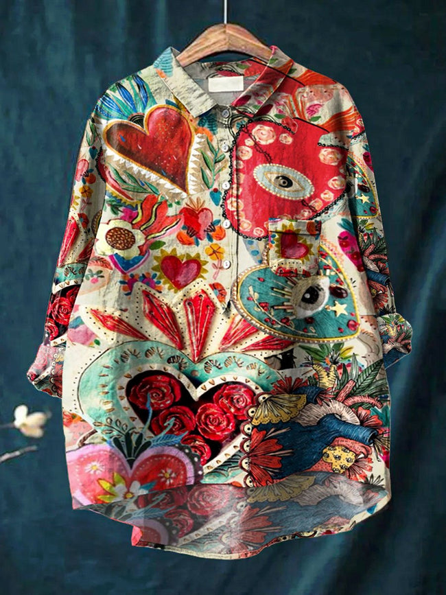 Women’s Vintage Hearts Aflame Art Print Casual Cotton And Linen Shirt Multicolor / S