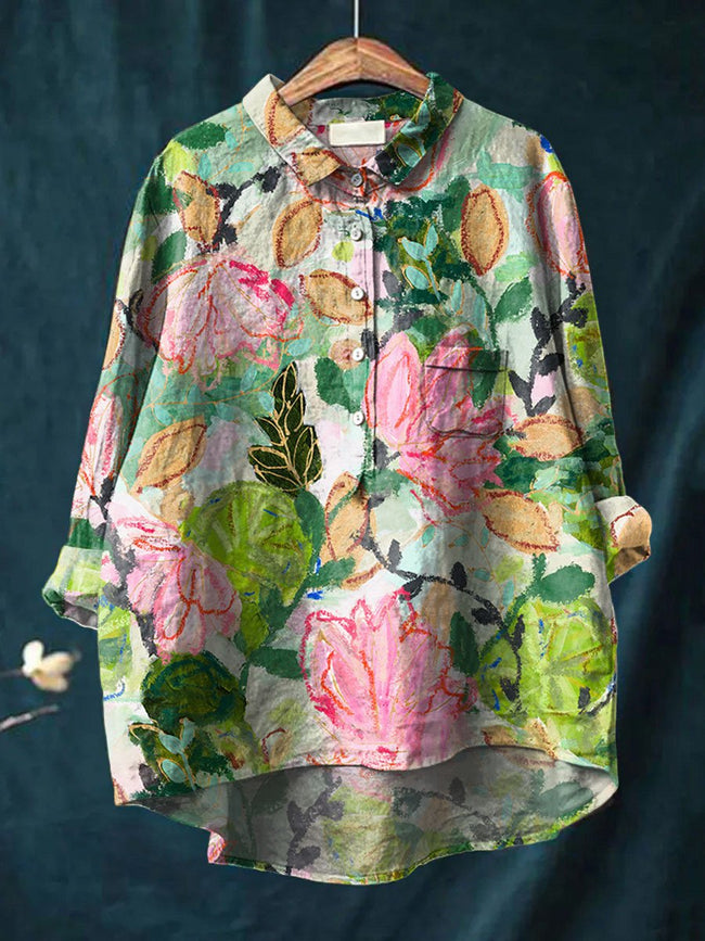 Women’s Flower Print Casual Cotton And Linen Shirt Multicolor / S