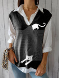 Women’s Funny Cat Art Print Versatile Knitted Vest Multicolor / Over-Size