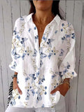 Women’s Vintage Blue Butterfly Print Casual Linen V-Neck Shirt Multicolor / S