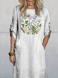 Embroidery Style Floral Bush Pattern Printed Women’s Comfortable Linen Pocket Dress