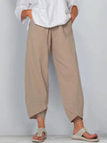 Women’s Solid Color Loose Elegant Casual Simple Cotton And Linen Ninth Pants Khaki / S