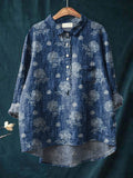 Women’s Vintage Floral Art Print Casual Cotton And Linen Shirt Multicolor / S