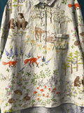 Women’s Vintage Lovely Woodland Animals Art Print Casual Cotton And Linen Shirt