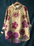 Women’s Vintage Cute Hippie Style Peace Love Art Print Casual Cotton And Linen Shirt Multicolor / S