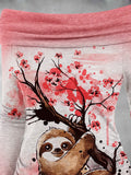 Women's Sloth Tree Flower Fall Art Print Off Shoulder Foldover Cinched Top