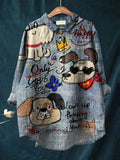 Cute Dog Art Print Casual Cotton And Linen Shirt Multicolor / S