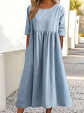 5-Quarter Sleeve Casual Loose Solid Color Cotton And Linen Dress Blue / S