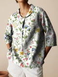 Women’s Vintage Floral Art Print Casual Linen Cotton 3/4 Sleeve Shirt