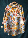 Women’s Red And Yellow Floral Print On Blue Background Casual Cotton And Linen Shirt Multicolor / S