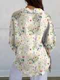 Women’s Colorful Flower Bouquet Floral Print Casual Linen V-Neck Shirt