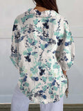 Women’s Aqua Blue Watercolor Floral Print Casual Linen V-Neck Shirt