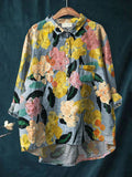 Women’s Colorful Spring Floral Garden Printed Casual Cotton And Linen Shirt Multicolor Art / S