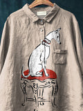 Curious Puppy Dog Printed Women’s Casual Cotton And Linen Shirt