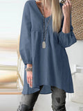 Women’s Solid Color V-Neck Pleated Lantern Sleeve Casual Blouse Blue / S