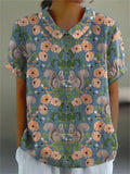 Women’s Vintage Lovely Squirrel Woodland Art Print Casual Cotton And Linen Shirt Blue / S