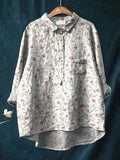 Petite Rose And Vine Repeat Pattern Printed Women’s Casual Cotton Linen Shirt Multicolor / S